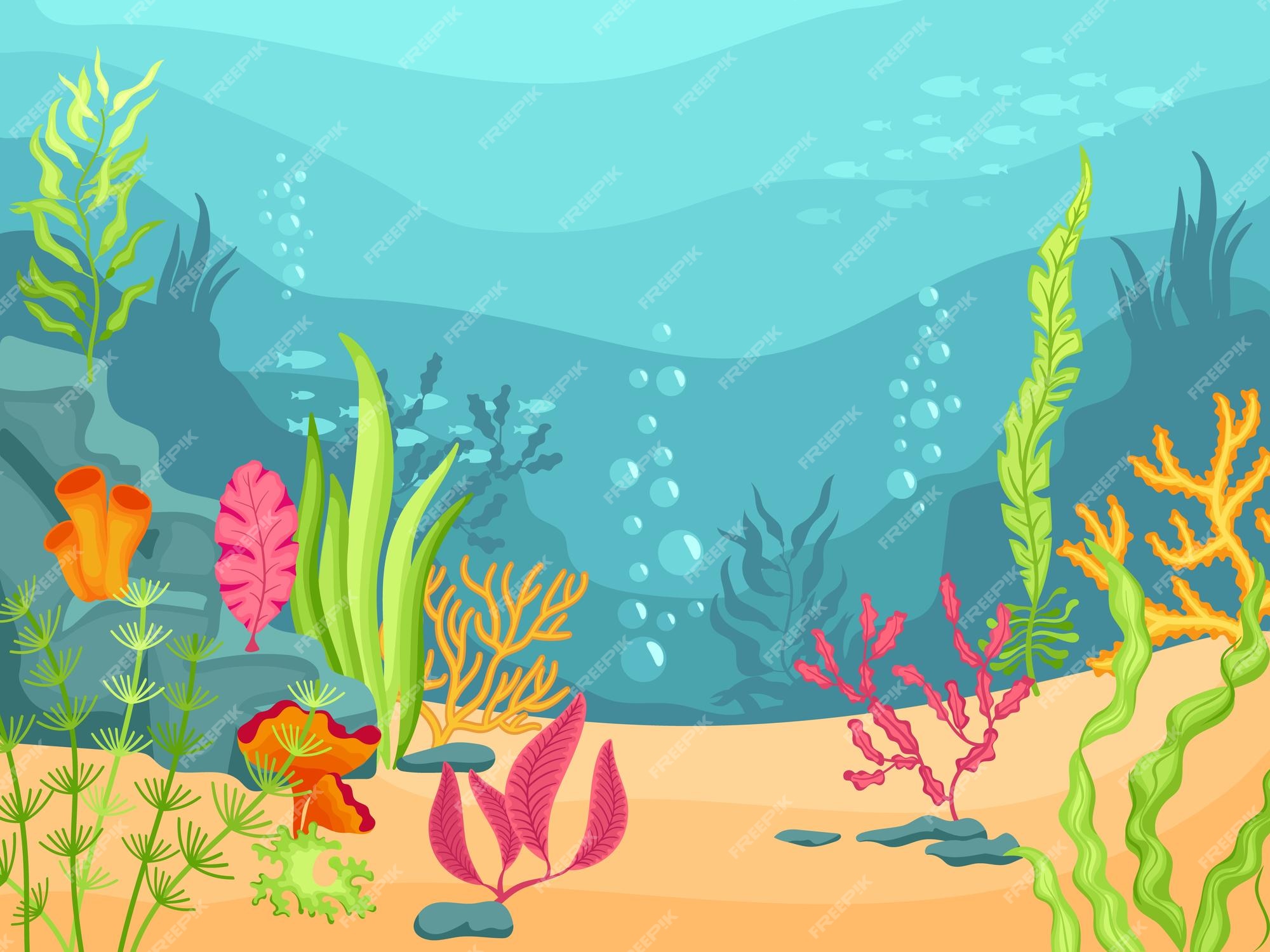 Nível de jogo de mar de paisagem subaquática de desenho animado com animais  de algas e fundo de vetor de baú de tesouro aventura oceânica e nível de  jogo mundial de recife de coral com paisagem de mar peixes lulas e  caranguejos