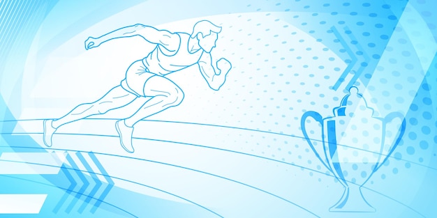 Vetor fundo temático de corredor em tons azuis claros com curvas abstratas e pontos com símbolos esportivos, como um atleta masculino correndo na pista e uma taça