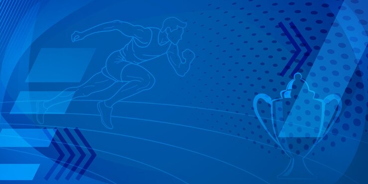 Vetor fundo temático de corredor em tons azuis com curvas abstratas e pontos com símbolos esportivos, como um atleta masculino correndo na pista e uma taça