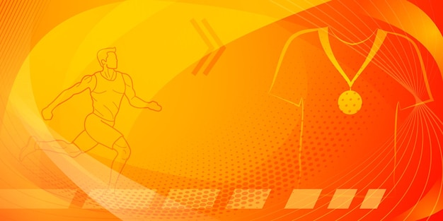 Vetor fundo temático de corredor em tons laranja e vermelho com curvas abstratas e pontos com símbolos esportivos, como um atleta masculino correndo em pista e uma medalha