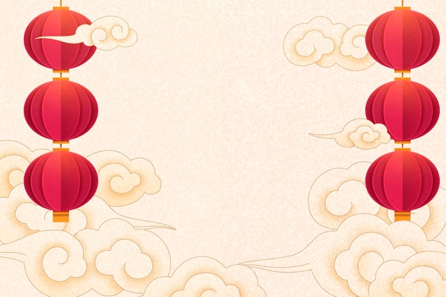 Fundo tradicional com lanternas vermelhas penduradas e nuvens sobre fundo bege, estilo paper art