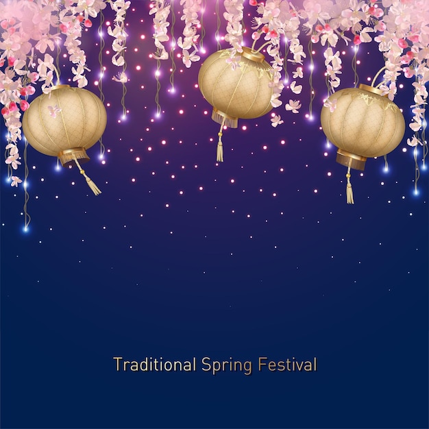 Fundo tradicional festival da primavera com flores penduradas e lanternas de seda. plano de fundo do ano novo chinês