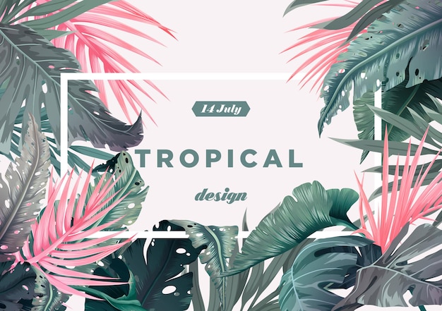 Fundo tropical brilhante com plantas da selva padrão exótico com folhas de palmeira. ilustração vetorial