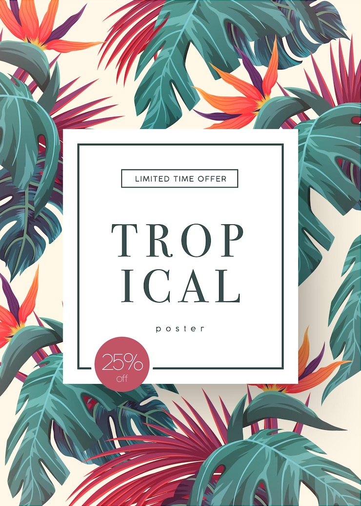 Vetor fundo tropical brilhante com plantas da selva padrão exótico com folhas tropicais