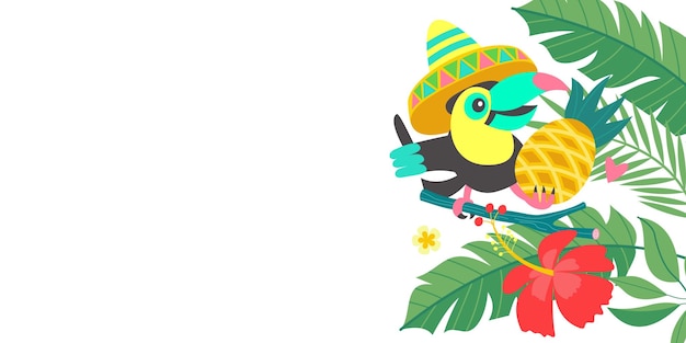 Vetor fundo tropical brilhante com uma ilustração vetorial de tucano alegre