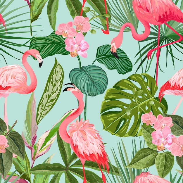 Fundo tropical com Flamingo e folhas de palmeira. Papel de plantas verdes ou impressão têxtil, ornamento de papel de parede decorativo da floresta tropical. Padrão Sem Emenda, Papel De Embrulho Exótico Tropic. Ilustração vetorial