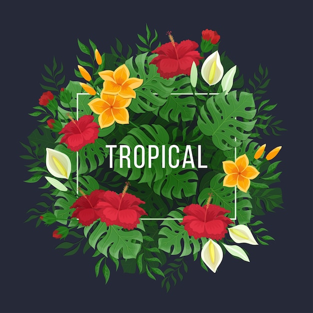 Fundo tropical com folhas e flores de monstera e palmeiras flores e botões de hibisco