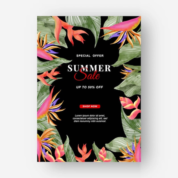 Fundo tropical de banner de verão com flores de strelitzia e folhas tropicais