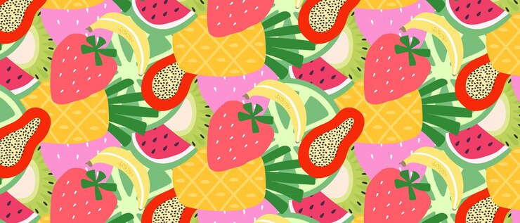 Vetor fundo tropical de verão brilhante com frutas e bagas suculentas ideal para pano de mesa, embalagem, papel de parede