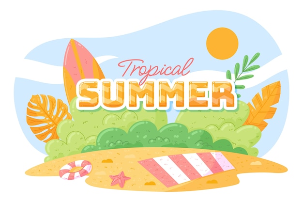 Fundo tropical de verão plano com praia e prancha de surf