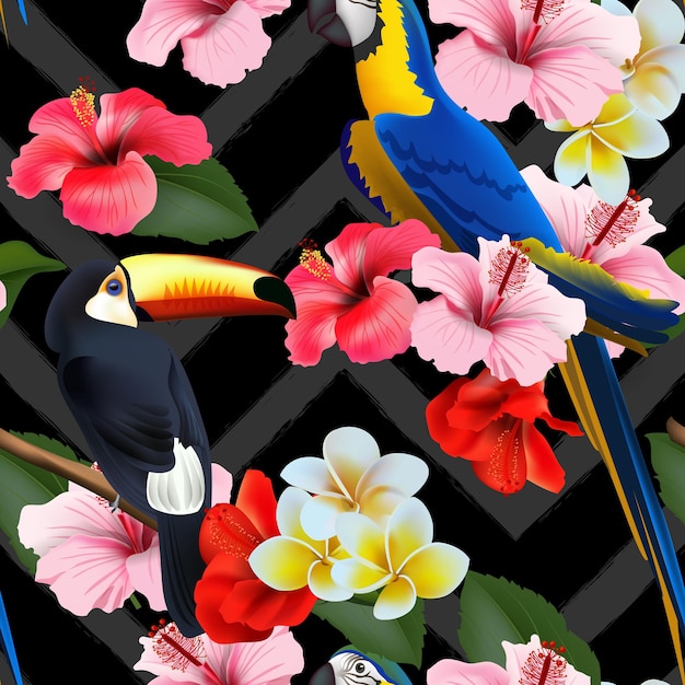 Vetor fundo tropical de verão sem costura com flores tropicais e papagaios coloridos. ilustração vetorial.