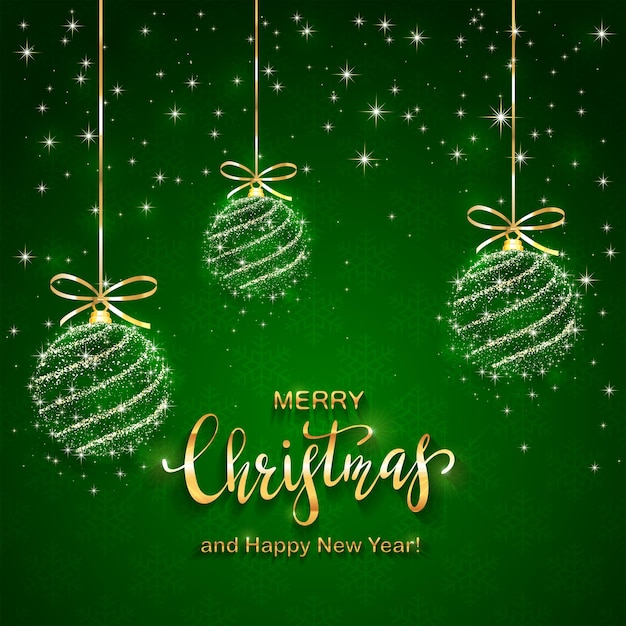 Vetor fundo verde com flocos de neve e bolas de natal brilhantes. letras douradas, feliz natal e feliz ano novo, ilustração.