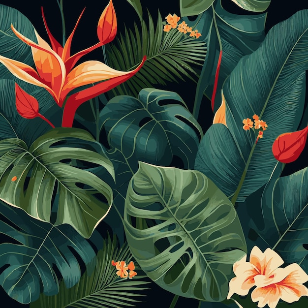 Fundo verde da floresta tropical monstera deixa ramos de folhas de palmeira fundo de plantas exóticas para cartão postal de decoração de modelo de banner folhagem abstrata e vetor de papel de parede botânico