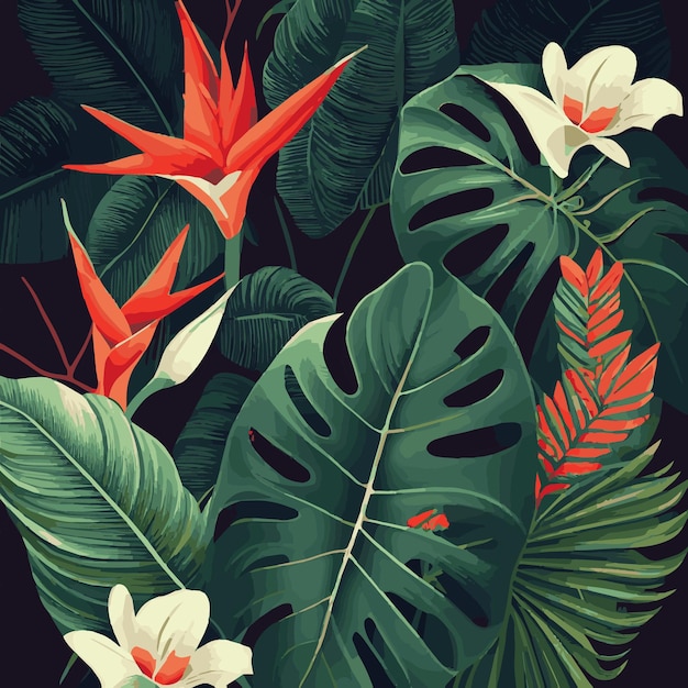 Fundo verde da floresta tropical monstera deixa ramos de folhas de palmeira fundo de plantas exóticas para cartão postal de decoração de modelo de banner folhagem abstrata e vetor de papel de parede botânico