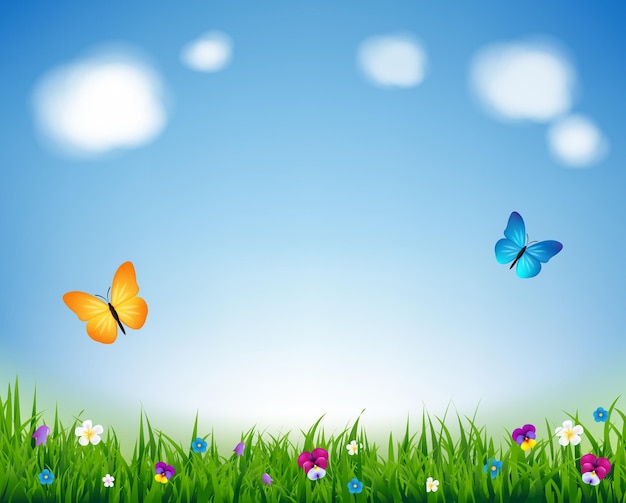 Fundo verde da natureza com flores e grama