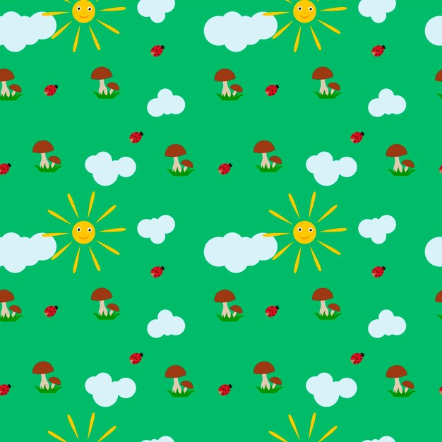 Vetor fundo verde sem costuras para crianças com nuvens de sol e cogumelos gráficos vetoriais