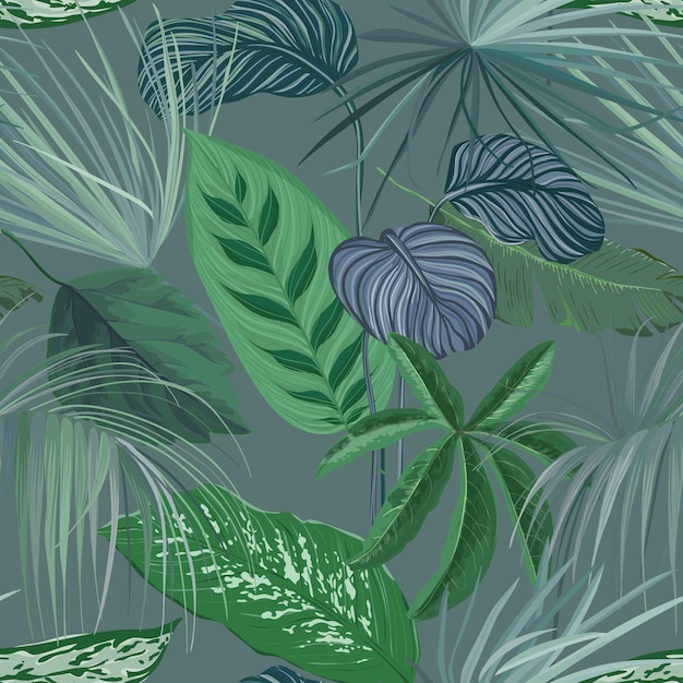 Fundo verde tropical com plantas da floresta tropical de filodendro e Monstera, impressão de papel de parede floral da natureza com folhas exóticas de Spathiphyllum Cannifolium da selva, ornamento sem emenda. Ilustração vetorial