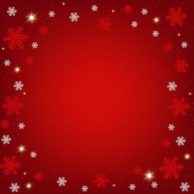 Vetor fundo vermelho com flocos de neve e luzes para o natal.