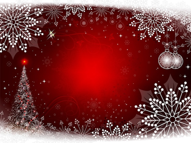 Fundo vermelho de natal com árvore de natal e bolas