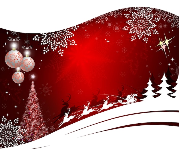 Vetor fundo vermelho de natal com flocos de neve de bolas de árvore de natal e papai noel em renas