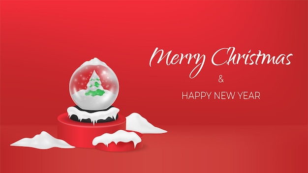Fundo vermelho Feliz Ano Novo Feliz bola de Natal com pinheiro verde coberto de neve