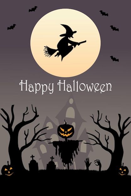 Fundo vertical de Halloween com bruxa de espantalho de casa assombrada por abóbora e lua cheia