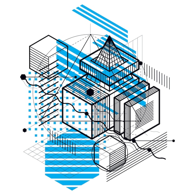 Vetor fundo vetorial abstrato com linhas e formas isométricas. cubos, hexágonos, quadrados, retângulos e diferentes elementos abstratos.