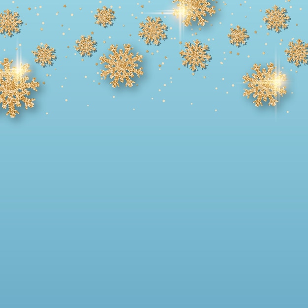 Fundo vetorial azul de natal e ano novo com elegantes flocos de neve dourados e estrelas