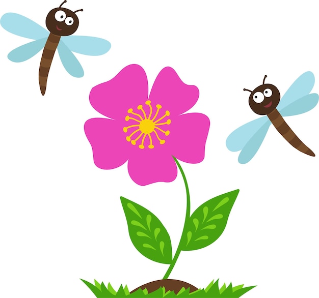 Fundo vetorial com flores e moscasilustração infantil fofa