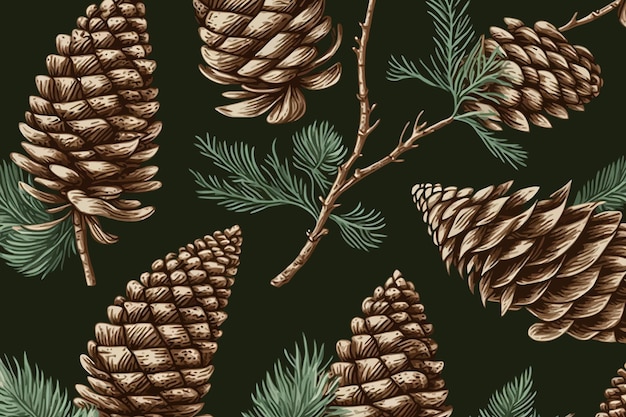 Vetor fundo vetorial com ramos de abeto e cones pano de fundo de natal ilustração de inverno padrão de férias