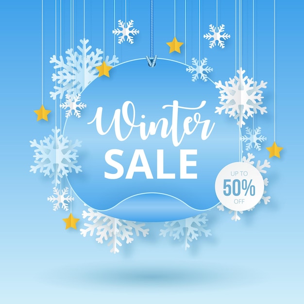 Fundo vetorial de venda de inverno com flocos de neve estilo corte de papel