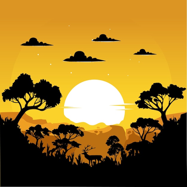 Fundo vetorial do pôr-do-sol ilustração de paisagens bonitas com conceito de natureza de florestas e montanhas