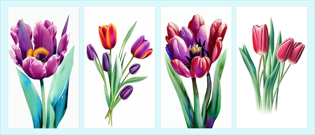 Fundo vetorial livre com tulipas Ilustração desenhada à mão Feliz dia das mães Modelo de design de férias de primavera com tulipa rosa Páscoa fofa com flores de coelho