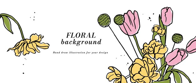 Fundo vetorial ou banner com flores de tulipas rosas e modelo de tipografia papel de parede da web arte floral linear com ilustração botânica