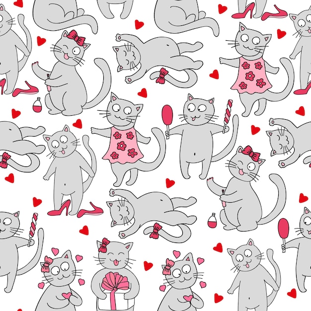 Fundo vetorial sem costura com corações gatos adoram ilustração para papel de scrapbooking de tecido