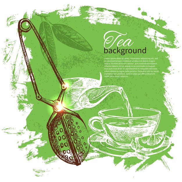 Fundo vintage de chá. ilustração do esboço desenhado de mão. design do menu
