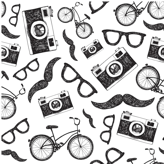 Fundo vintage retrô sem costura hipster com bicicletas, câmeras e óculos