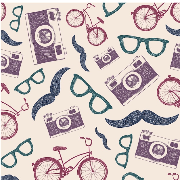 Fundo vintage retrô sem costura hipster com bicicletas, câmeras e óculos