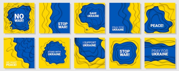 Fundos de corte de papel vetorial de pray for ukraine no war stand com a ucrânia stop war conceito