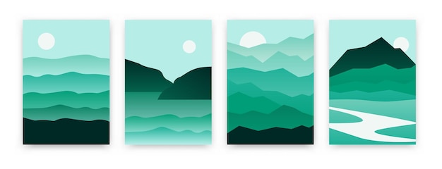Vetor fundos de paisagem de montanha. cartazes orientais geométricos com sol do mar do rio das rochas. conjunto de vetores