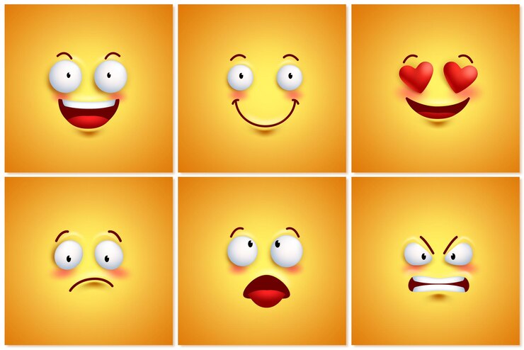 Vetor fundos de papel de parede de cartaz de vetor emoji engraçados definidos com diferentes expressões faciais e emoções