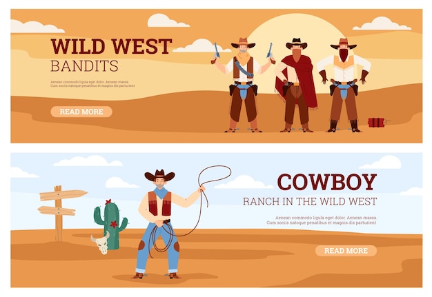 Fundos definidos sobre o tema do oeste selvagem e ilustração vetorial plana de vida de cowboy