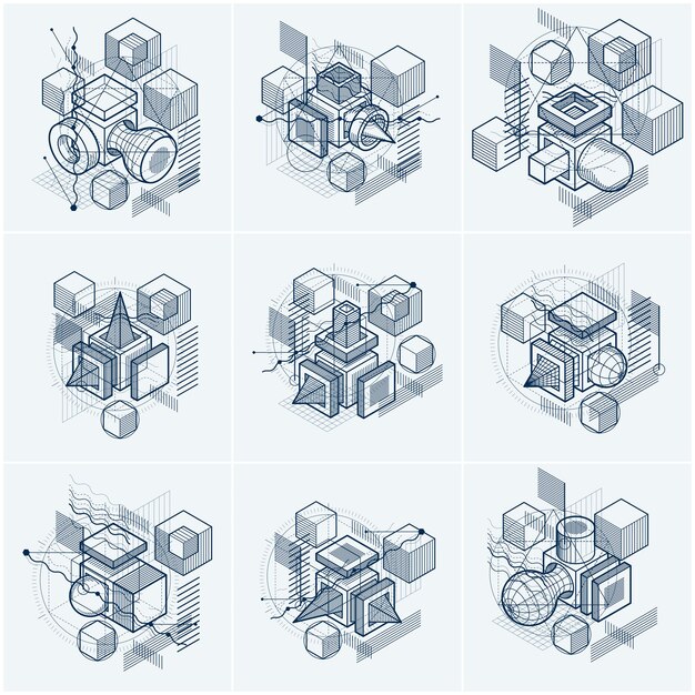 Fundos isométricos abstratos, layout de vetor 3d. composições de cubos, hexágonos, quadrados, retângulos e diferentes elementos abstratos. coleção de vetores.
