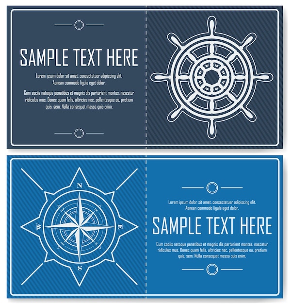 Fundos náuticos com rosa dos ventos e volante. conjunto de folhetos náuticos azuis com espaço de cópia. ilustração vetorial.