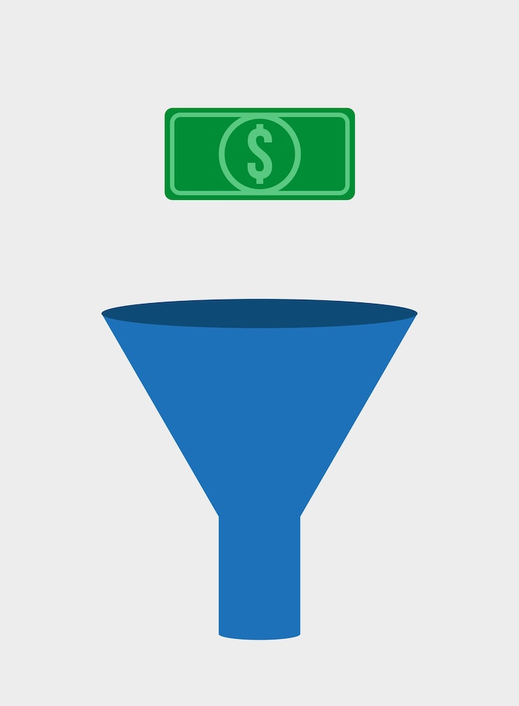 Vetor funil azul e cédula verde do dólar americano