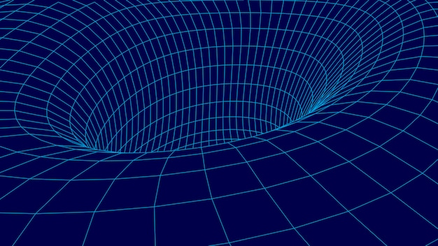 Funil azul futurista wireframe túnel de viagem espacial abstrato buraco de minhoca azul com ilustração vetorial de urdidura de superfície