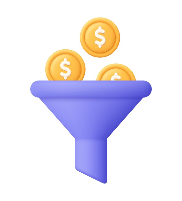 Vetor funil e moedas com sinal de dólar filtre de dinheiro vendas finanças e conceito de negócios ícone vetorial 3d