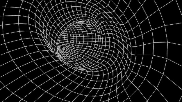 Funil preto futurista Túnel de viagem espacial de estrutura de arame Buraco de minhoca abstrato com ilustração vetorial de dobra de superfície