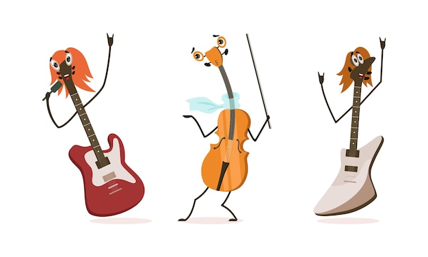 Funny Musical Instrument Cartoon Character with Smiling Face Vector Set (Personagem de desenho animado de instrumento musical engraçado com rosto sorridente)