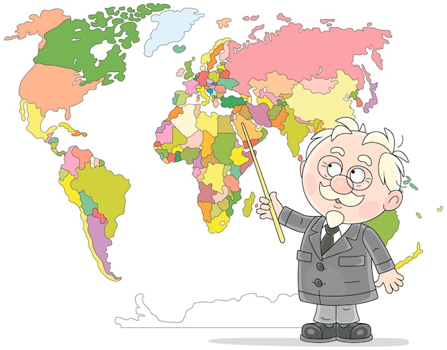 Funny professor de escola idoso apontando para os países em um mapa do mundo em uma classe e falando sobre eles